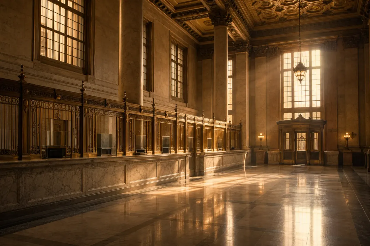 A grand old bank hall with brass teller windows, marble counters, and warm evening light through tall windows.